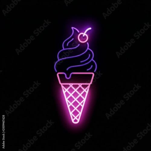 Neon-lit ice cream cone with cherry on top, glowing pink and purple hues, futuristic minimalist food icon, close-up, black background