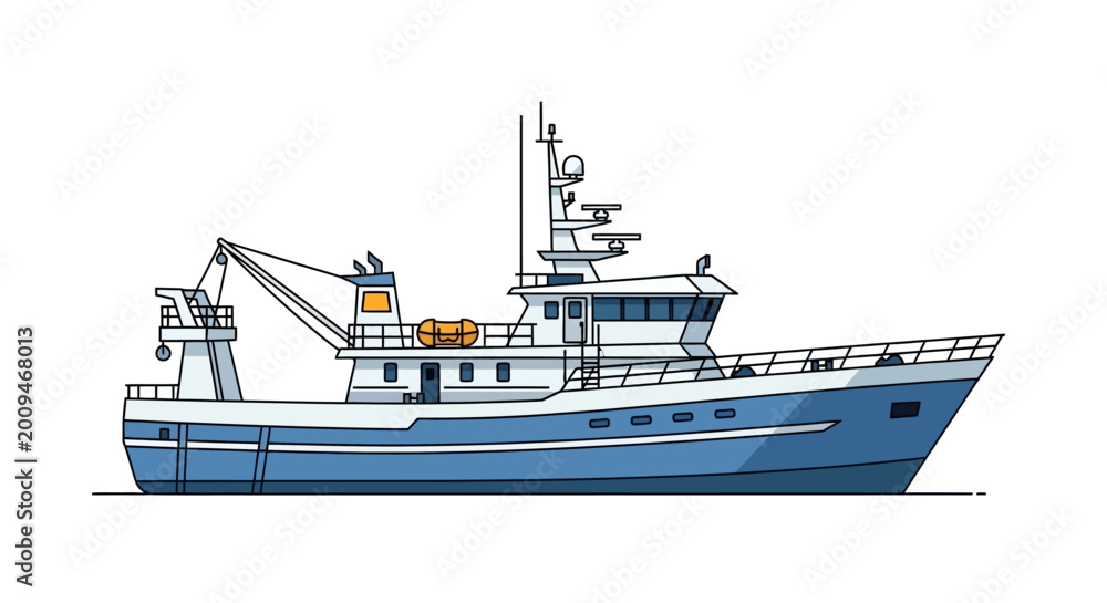Fototapeta premium Flat design illustration of a commercial fishing boat.