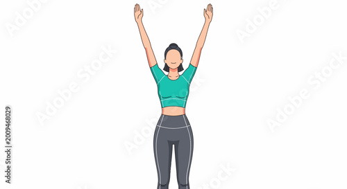 Canvas Print Cartoon illustration of a woman doing a yoga stretch with arms raised for wellness