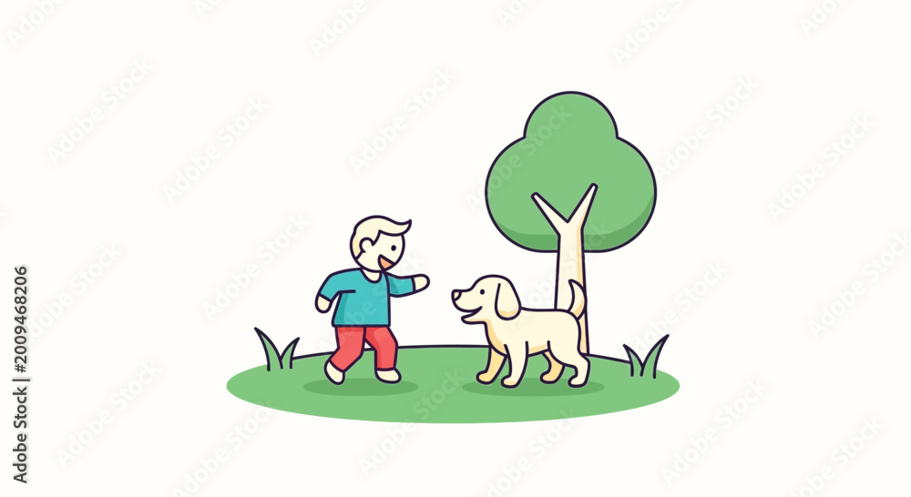 Obraz premium Boy Walking Dog on Leash Outdoors.
