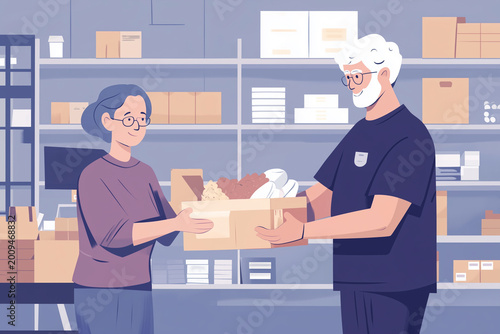 Elderly man donation food and aid to charity organization. Concept of charity, social support, kindness, and helping homeless.