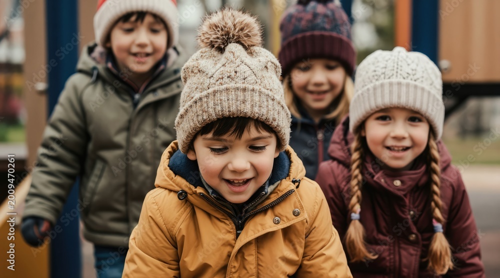 Fototapeta premium Four smiling children wearing winter hats and jackets play together outdoors. Young kids enjoy cold weather fun on playground. Diverse group of happy friends share joyful moments, warm and connected.