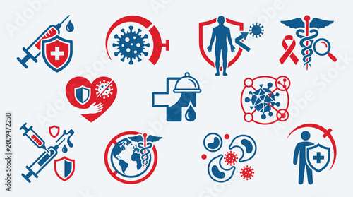 Cuadro en lienzo Collection of medical icons representing health, protection, and the fight against viruses and diseases