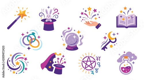 Cuadro en lienzo A collection of magical and mystical symbols, including a wand, top hat with a rabbit, crystal ball, spellbook, rings, and potion