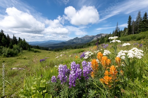 Scenic Mountain Meadow with Colorful Wildflowers and Dramatic Sky Landscape View