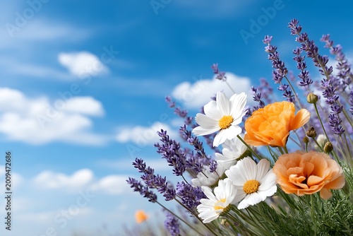 Vibrant Wildflowers Against a Clear Blue Sky with Fluffy White Clouds in Springtime