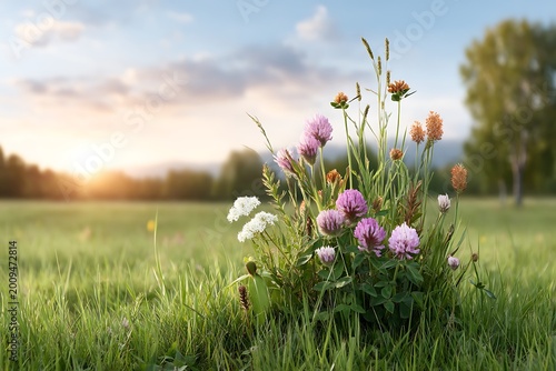Colorful Wildflowers in Meadow Under Soft Sunset Light with Green Grass Background