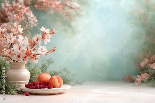 Elegant Still Life with Flowers, Fruits, and Soft Background Ideal for Nature Photography