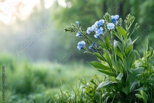 Delicate Blue Flowers Blooming Among Lush Greenery in a Tranquil Natural Setting