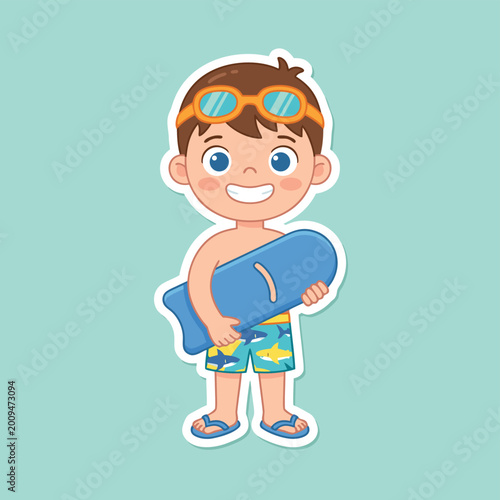 Happy Cartoon Boy Ready for Swimming with Kickboard and Goggles.