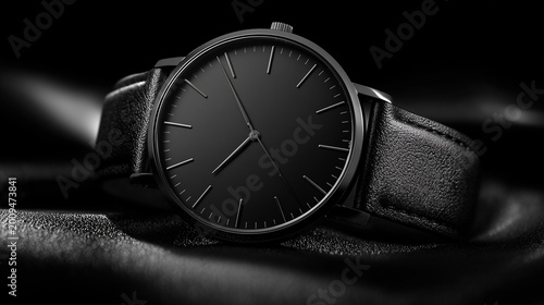 Luxury silver wristwatch on black background showing time concept with clock face, dial, and business timer design