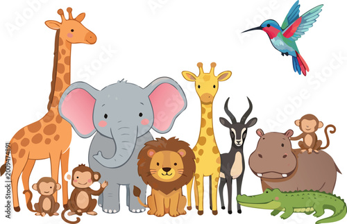 Photography Cute safari animals vector set with giraffe elephant lion monkey hippo crocodile