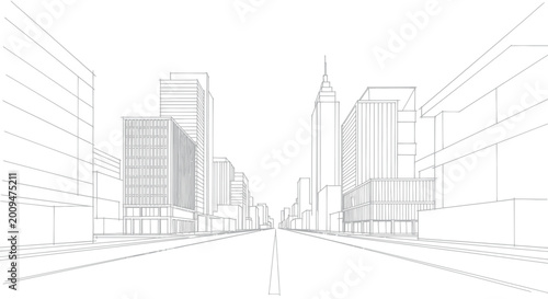 Fotografie Architectural blueprint of a modern city street with towering buildings