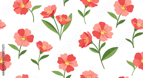 Seamless Floral Pattern with Pink Flowers and Green Leaves