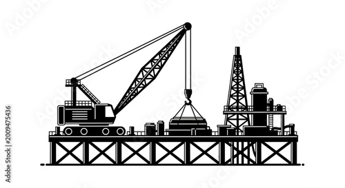 Vector Illustration of Industrial Offshore Oil Rig and Crane