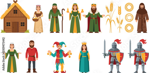 Schilderij op canvas Medieval characters and village elements collection with king queen knight peasa