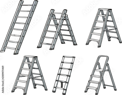 Metal ladders and step ladders collection with construction equipment tools, industrial climbing devices set, hand drawn vector illustration isolated on light background