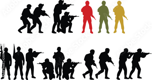 Bilde på lerret Military soldier silhouettes collection with armed forces poses, tactical army c