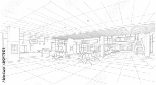 Architectural sketch of a modern airport lounge interior design.