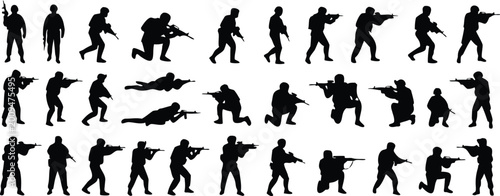 Obraz na płótnie Military soldier silhouettes collection with combat poses and weapons, tactical
