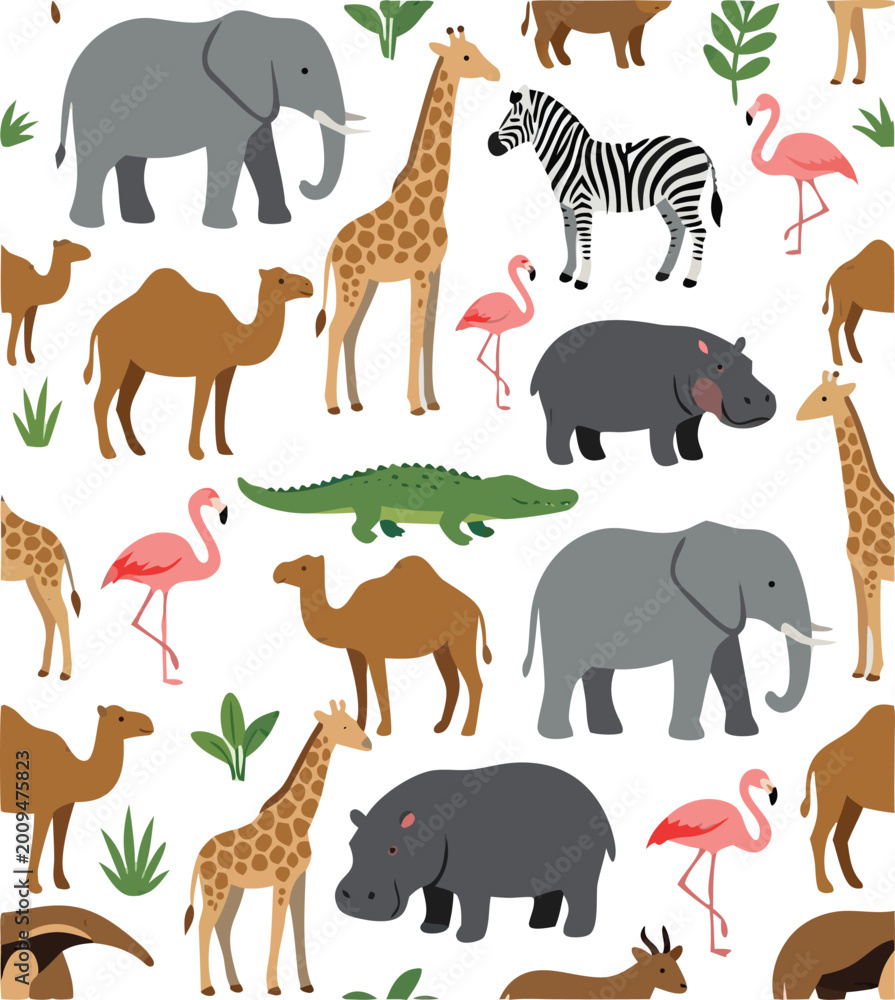 Fototapeta premium Seamless safari animals pattern with elephant giraffe zebra camel hippo flamingo and crocodile, cute jungle wildlife background