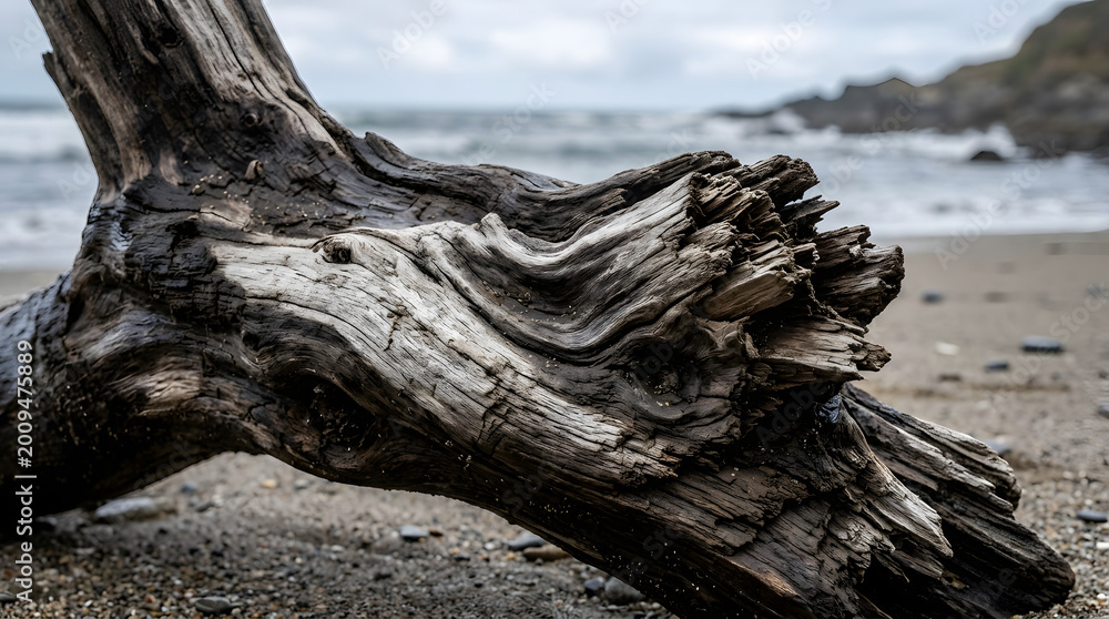 Fototapeta premium Driftwood on the sandy beach shore.