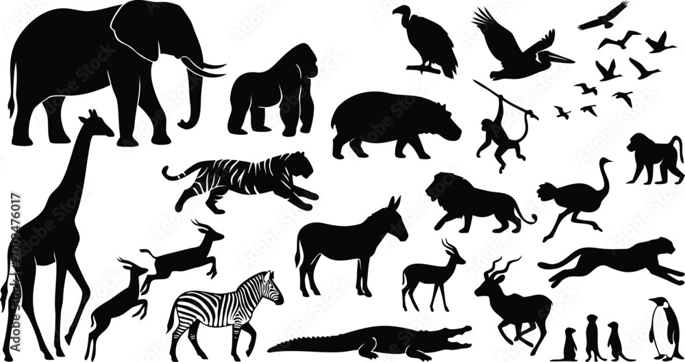 Fototapeta premium Wild animal silhouettes vector set with elephant giraffe lion tiger zebra monkey birds and safari wildlife collection