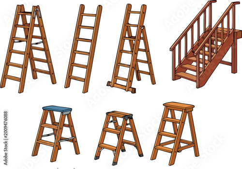 Wooden ladders and step stools collection with construction equipment and home tools, realistic carpentry objects set, vector illustration isolated on light background