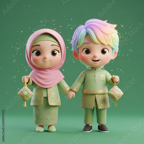 Muslim Children Celebrating Eid with Ketupat Food Holiday