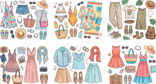 Slika na platnu Large collection of summer fashion outfits including dresses swimwear beach accessories and casual clothing in a hand drawn flat vector illustration style for vacation