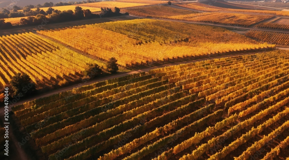 Naklejka premium Aerial view of vineyard rows in fall. Golden yellow grapevine leaves cover hillsides. Sunlit agriculture land shows neat plant lines creating scenic landscape patterns. Harvest season begins.