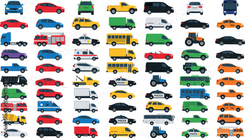 Quadro em tela Large collection of various transport vehicles including cars trucks emergency services buses and industrial machinery in a flat vector illustration style for design