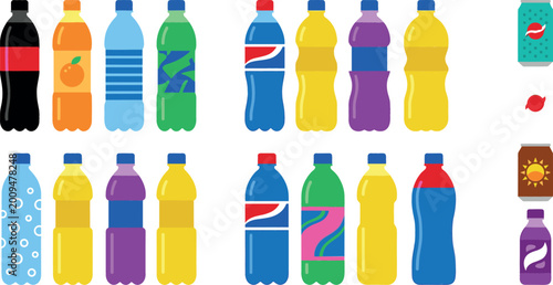 Foto Collection of colorful soda and beverage plastic bottles and aluminum cans in flat vector illustration style for refreshing drinks and retail concepts