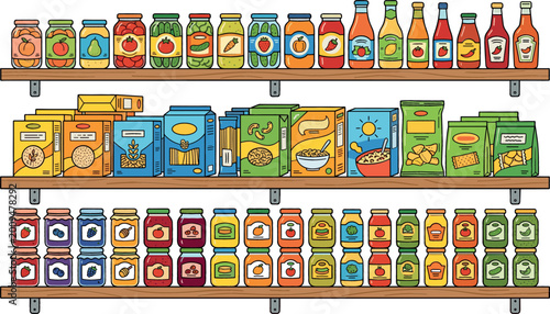Foto Organized grocery store shelves with colorful jars of jam honey sauces and boxed food items in a flat vector illustration style for retail
