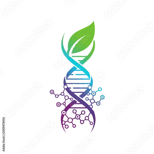 DNA helix with green leaf and molecular structures.