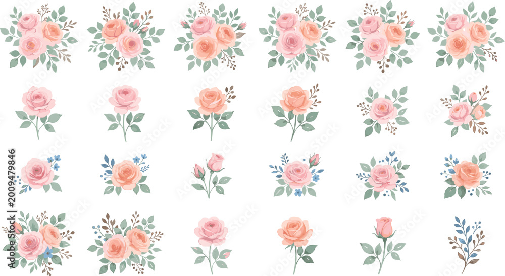 Obraz premium Soft pink rose floral illustrations with greenery and delicate flowers for a romantic and nature-inspired vector design.