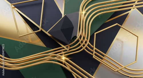 Abstract geometric shapes with golden lines and dark green background.
