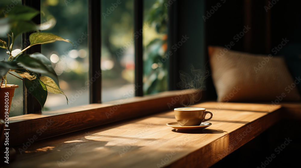 Fototapeta premium 緑あふれる窓辺で湯気立つコーヒー