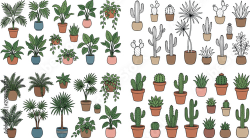 Quadro em tela Illustrations of various houseplants and cacti in decorative pots for a modern and nature-inspired vector design