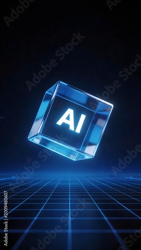 Transparent blue cube with AI text floating above a digital grid in a dark space