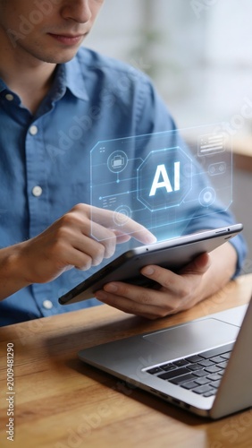 Man using tablet with AI interface overlay, working at desk with laptop