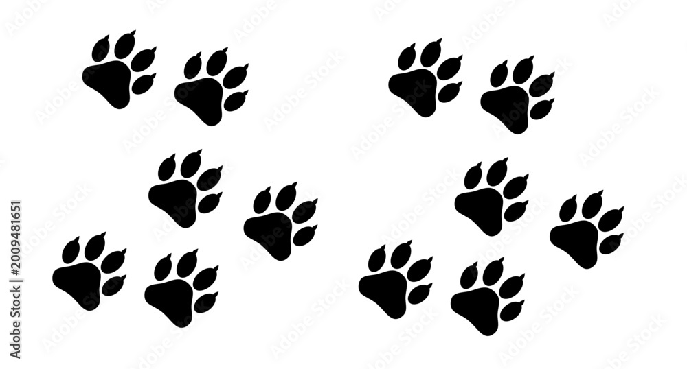 Fototapeta premium Animal paw prints silhouette vector set isolated on white background