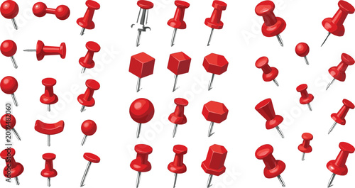 Foto Set of Red Push Pins in Various Shapes and Sizes for Office, Organization, and S