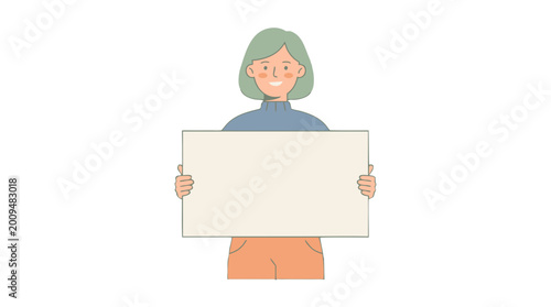 Smiling Woman Holding Blank Sign Isolated on Transparent Background - Vector Illustration
