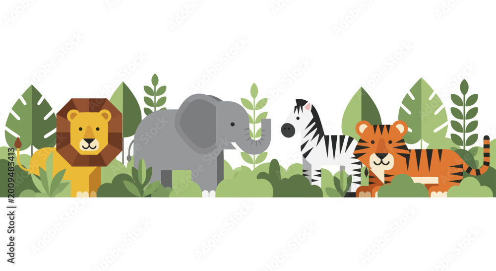 Fototapeta premium Collection of Diverse Wild Animals in a Jungle Setting.