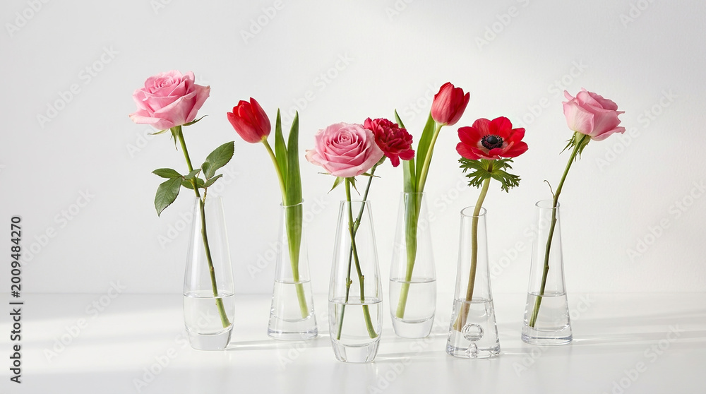 Obraz premium Minimalist Floral Arrangement In Clear Glass Bud Vases