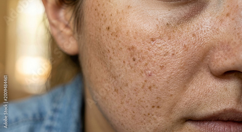 Close-up view of adult female facial skin with pigmentation spots and minor blemishes