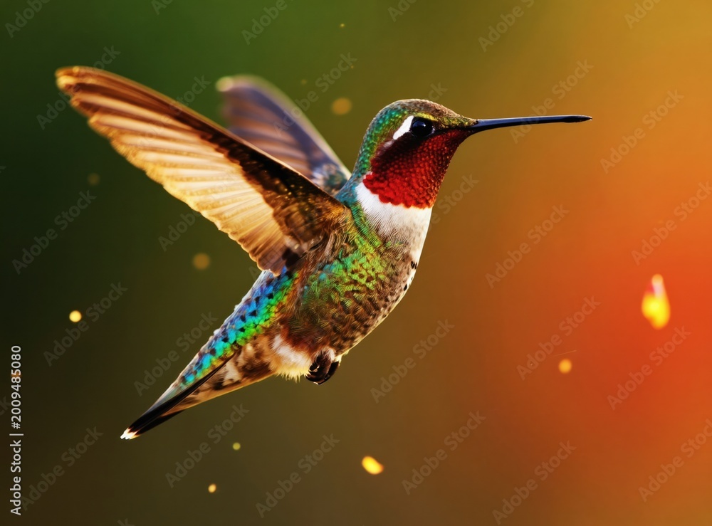 Fototapeta premium Small hummingbird hovers with wings blurred mid air. Bird has red throat green body iridescent feathers. Tiny particles glow in soft light bokeh background.