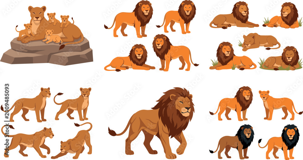Obraz premium Majestic African Lion Pride Vector Set Featuring Male Lions, Lionesses, and Cute Cubs in Various Poses Including Walking, Sitting, and Lying Down for Wildlife Designs