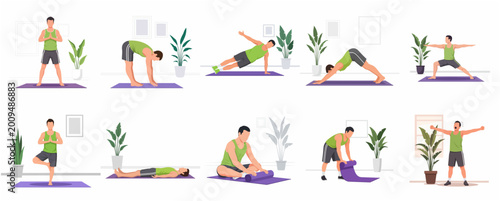 Set of flat vector illustrations of a man practicing various yoga poses and fitness exercises at home for health and wellness
